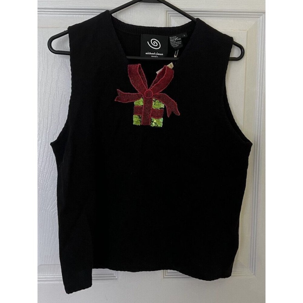 Vintage Michael Simon Event Christmas Sweater Vest Black Sequin NWT Women  Large